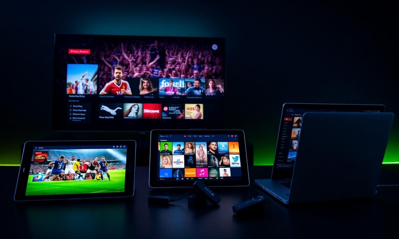 IPTV streaming on multiple devices — Smart TV, tablet, smartphone, laptop and Firestick